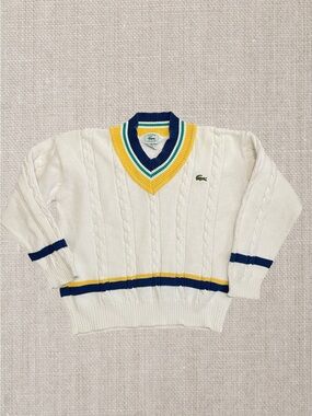 VTG Lacoste White Cable-Knit V-Neck Sweater with Blue, Yellow & Green Accents